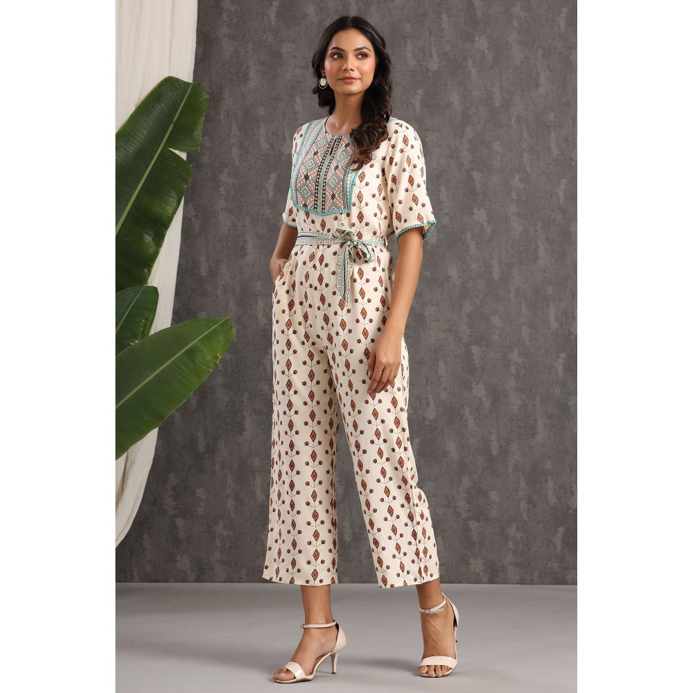 Juniper Ivory Rayon Printed Ethnic Jumpsuit With Belt (Set Of 2)