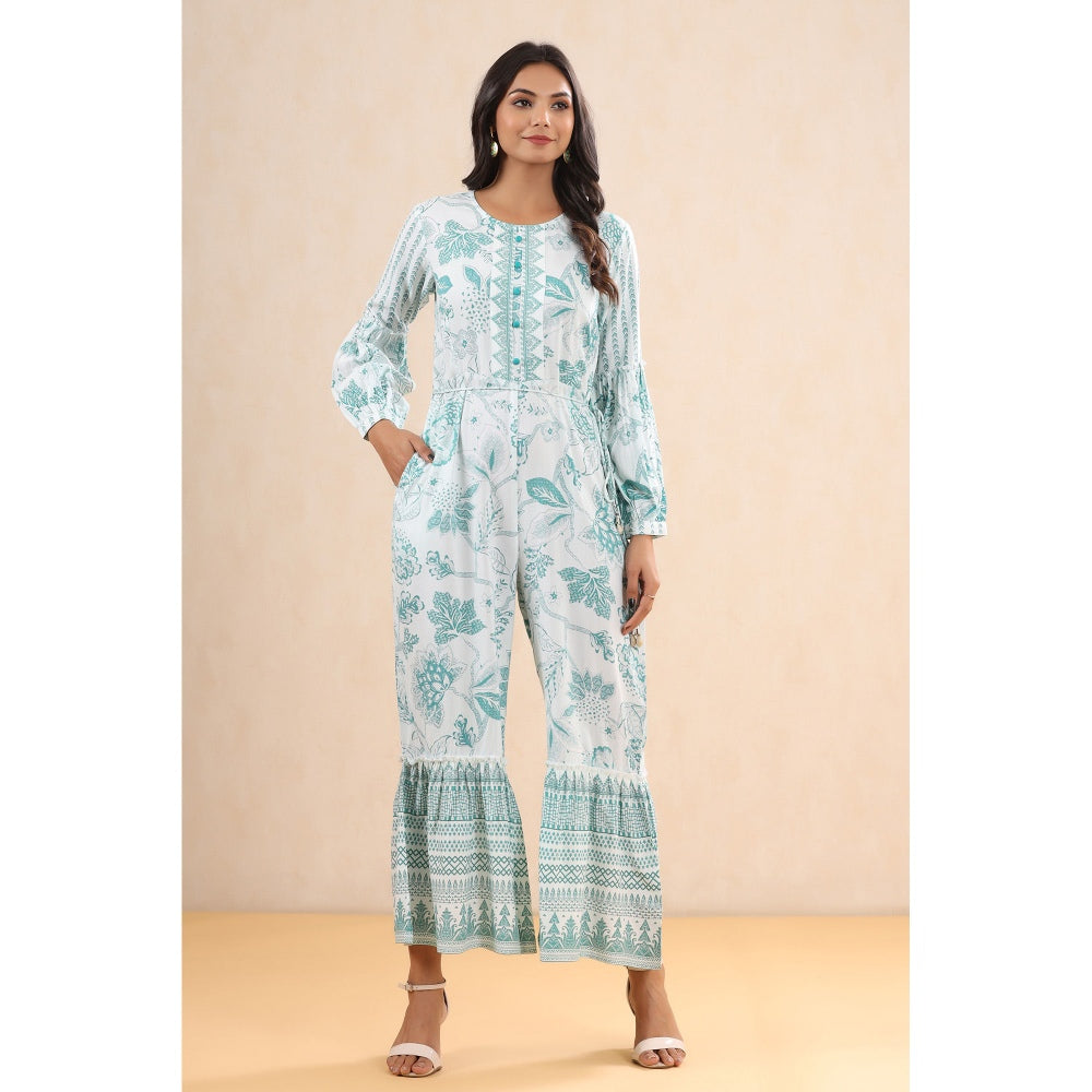 Juniper Teal Rayon Printed Ethnic Jumpsuit With Belt (Set Of 2)