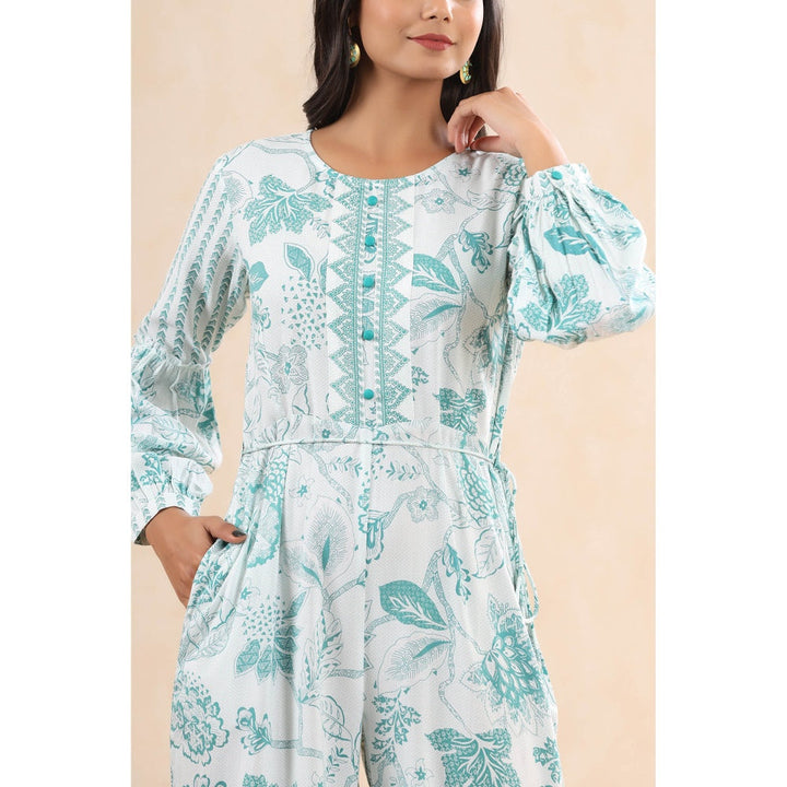 Juniper Teal Rayon Printed Ethnic Jumpsuit With Belt (Set Of 2)