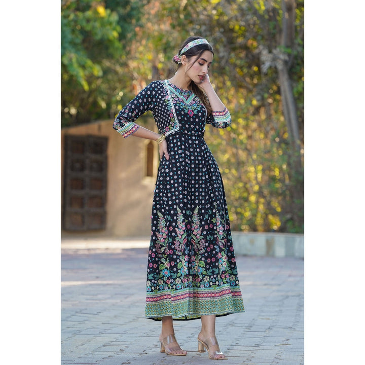 Juniper Black Rayon Printed Anarkali Dress With Tie-Up Dori (Set Of 2)