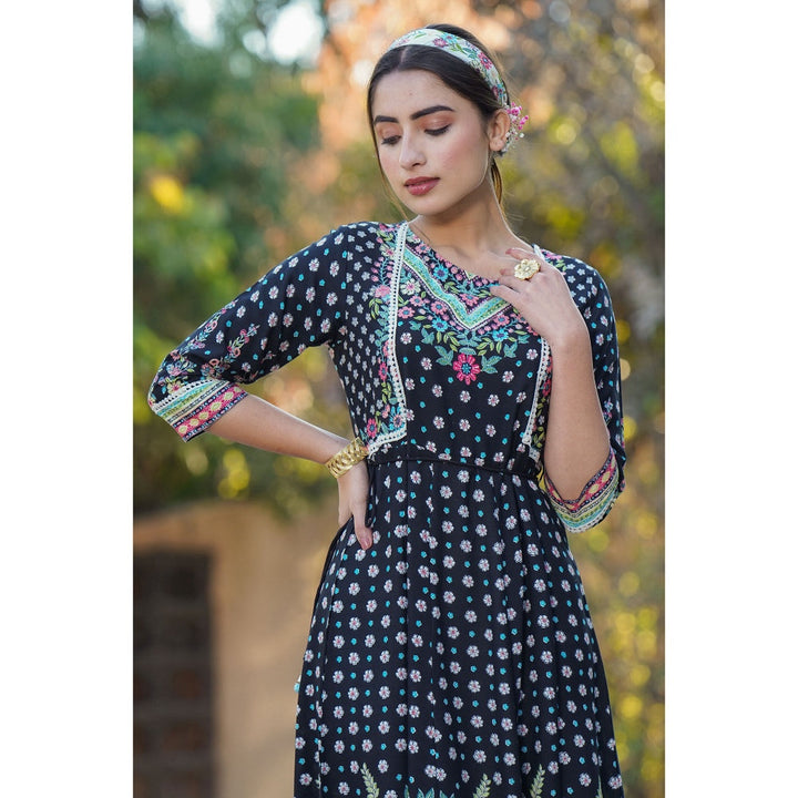 Juniper Black Rayon Printed Anarkali Dress With Tie-Up Dori (Set Of 2)
