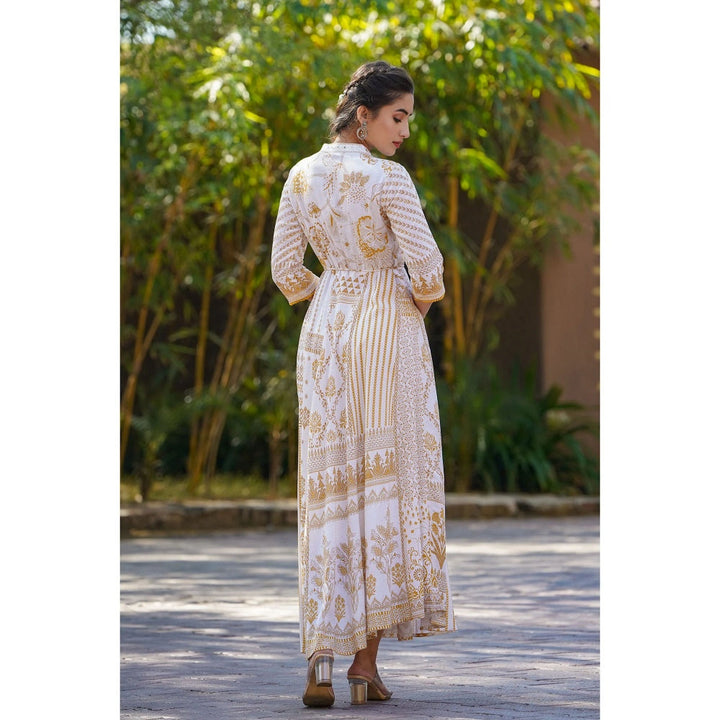 Juniper Mustard Rayon Printed Flared Dress With Dori (Set Of 2)