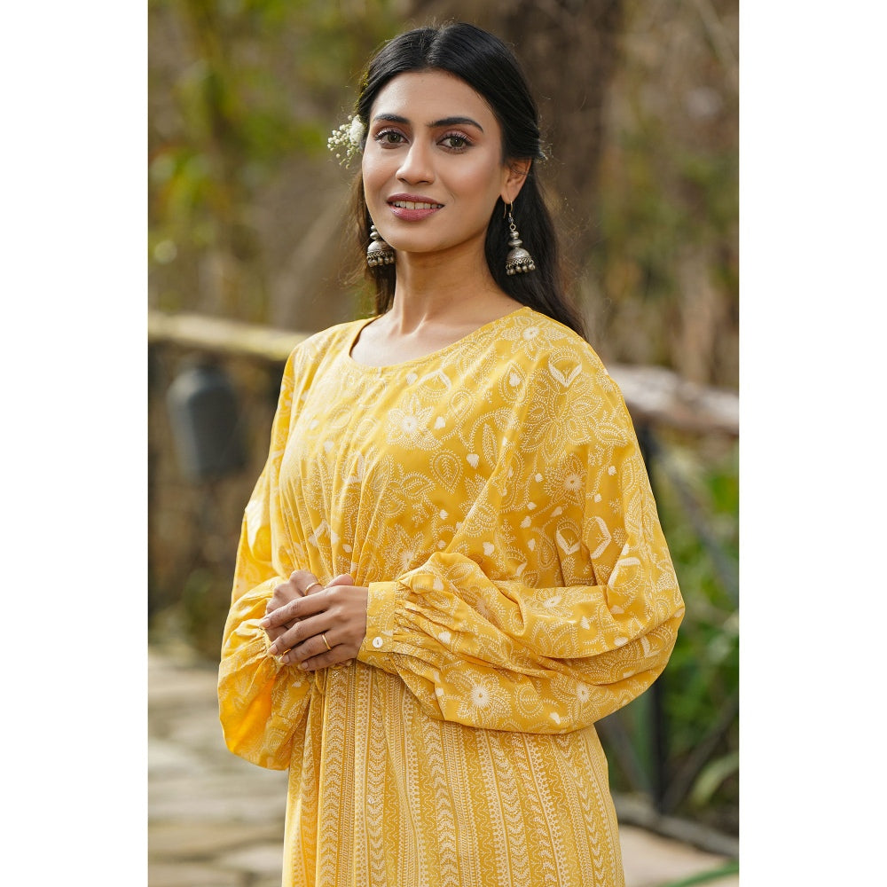 Juniper Yellow Georgette Printed High-Low Tunic With Slip (Set Of 2)