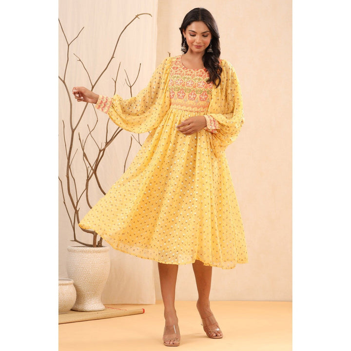 Juniper Womens Yellow Georgette Festive Wear Printed Flared Dress