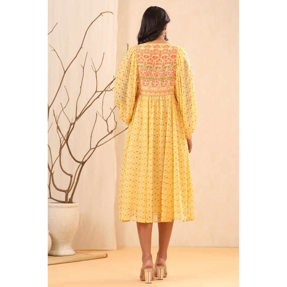 Juniper Womens Yellow Georgette Festive Wear Printed Flared Dress