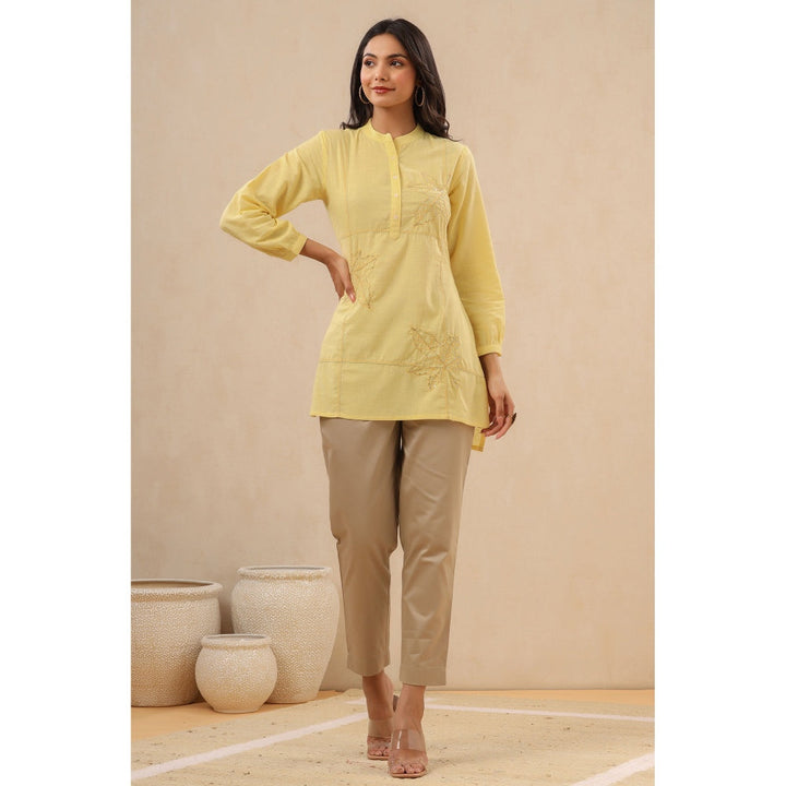 Juniper Womens Yellow Cotton Slub Embroidered High-Low Tunic