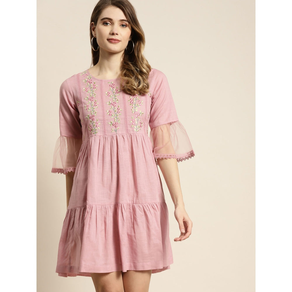 Juniper Womens Blush Pink Cotton Slub Embroidered Tiered Dress