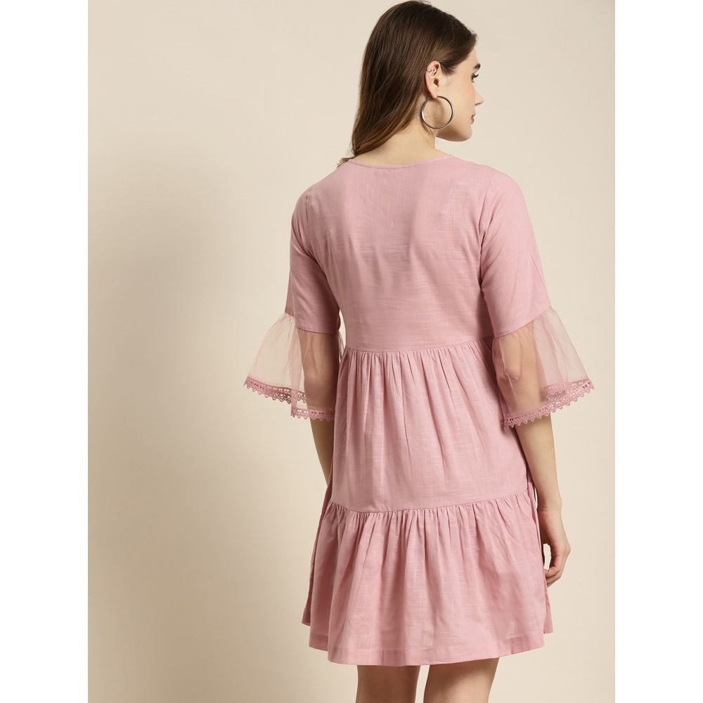 Juniper Womens Blush Pink Cotton Slub Embroidered Tiered Dress