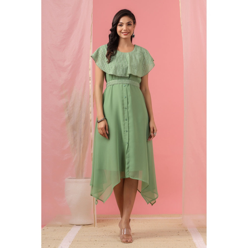 Juniper Womens Sage Green Georgette Embroidered Asymmetric Dress (Set Of 2)