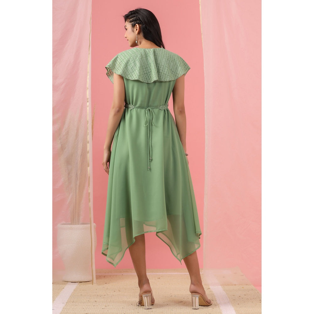 Juniper Womens Sage Green Georgette Embroidered Asymmetric Dress (Set Of 2)
