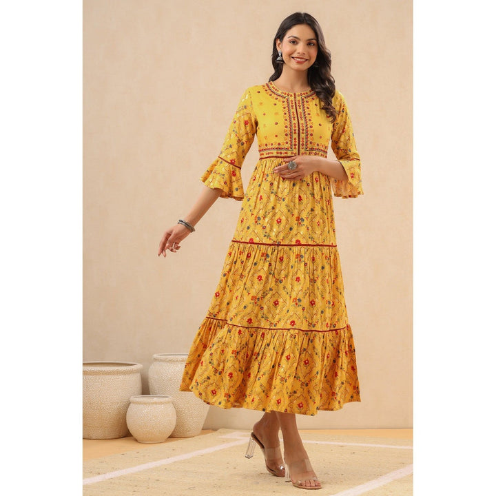 Juniper Womens Yellow Rayon Embroidered & Printed Tiered Dress