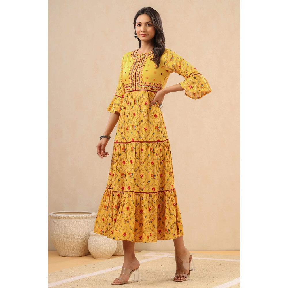Juniper Womens Yellow Rayon Embroidered & Printed Tiered Dress