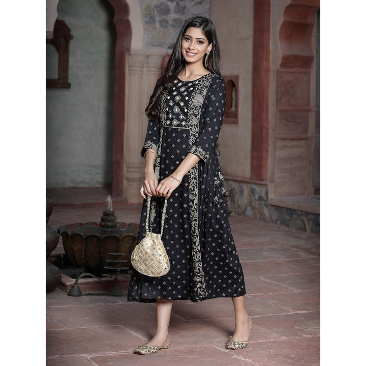 Juniper Black Rayon Embroidered Flared Dress