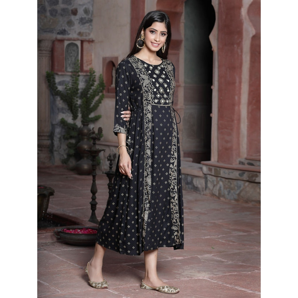 Juniper Black Rayon Embroidered Flared Dress