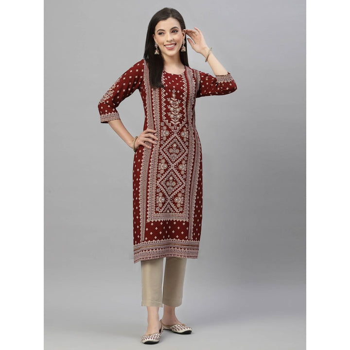 Juniper Womens Maroon Rayon Festive Placement Print Straight Kurta