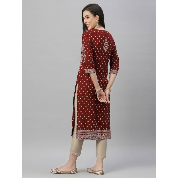 Juniper Womens Maroon Rayon Festive Placement Print Straight Kurta