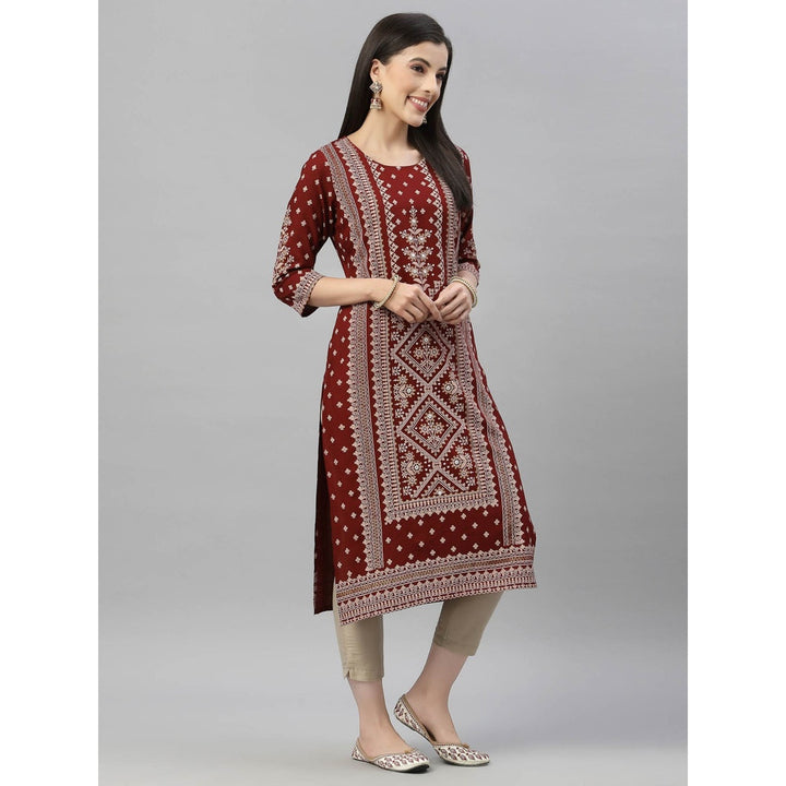 Juniper Womens Maroon Rayon Festive Placement Print Straight Kurta