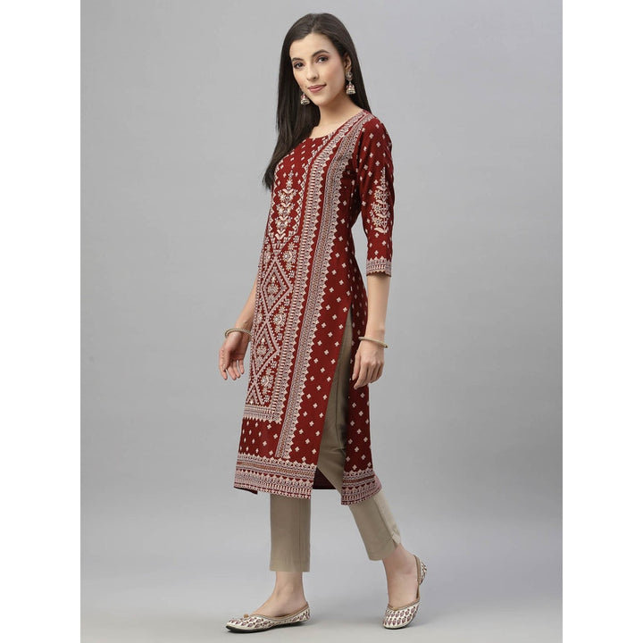 Juniper Womens Maroon Rayon Festive Placement Print Straight Kurta