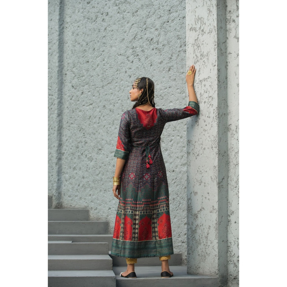 Juniper Green Satin Festive Printed Anarkali Flared Dress