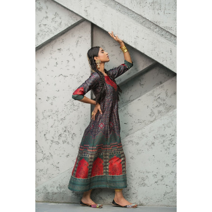 Juniper Green Satin Festive Printed Anarkali Flared Dress