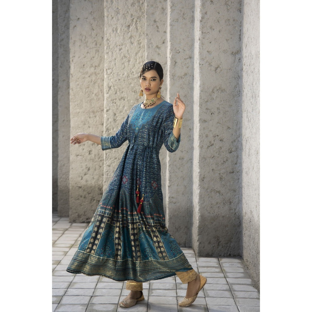 Juniper Teal Satin Festive Printed Anarkali Flared Dress