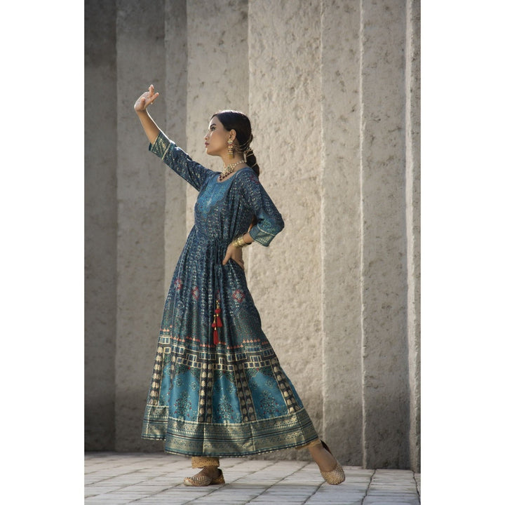 Juniper Teal Satin Festive Printed Anarkali Flared Dress