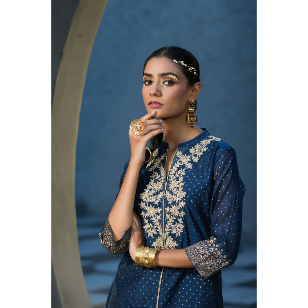 Juniper Blue Chanderi Festive Embroidered Polka Dot Printed A-Line Kurta