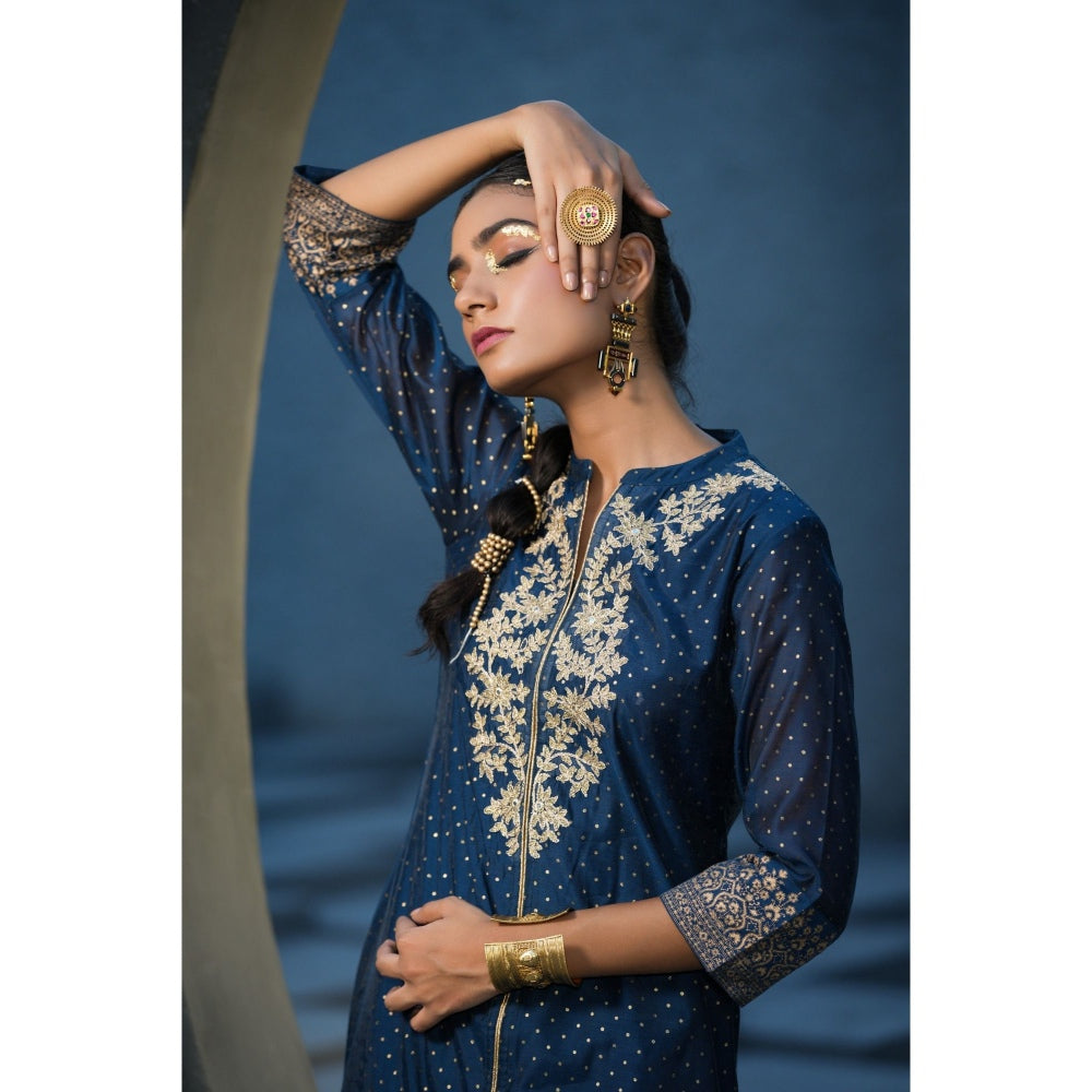 Juniper Blue Chanderi Festive Embroidered Polka Dot Printed A-Line Kurta