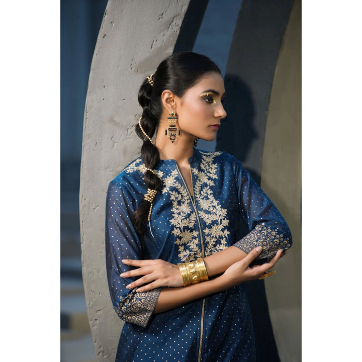 Juniper Blue Chanderi Festive Embroidered Polka Dot Printed A-Line Kurta