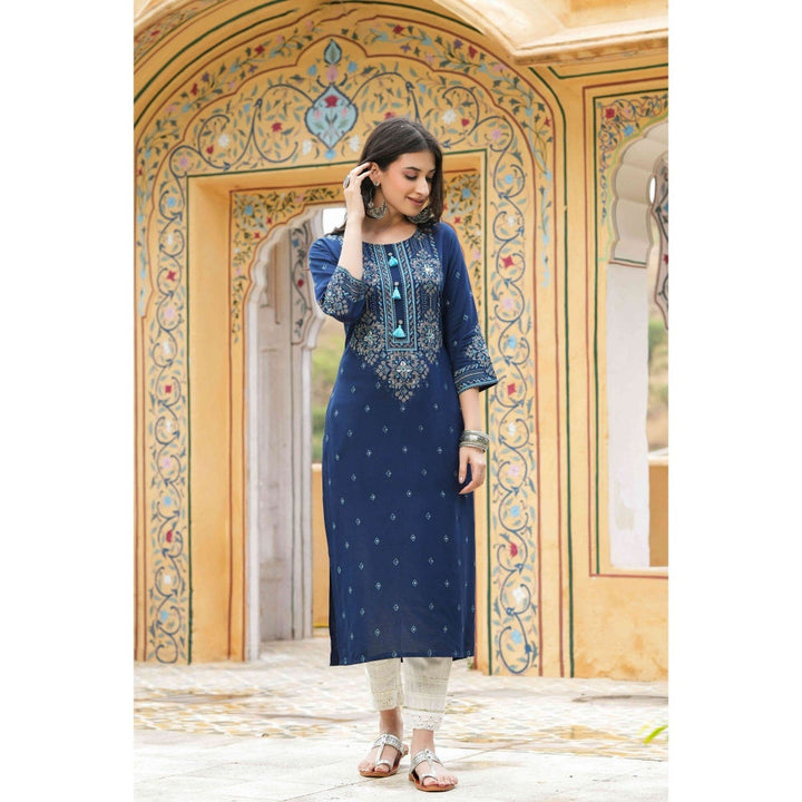 Juniper Blue Rayon Festive Printed Straight Kurta