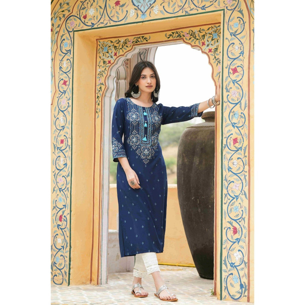 Juniper Blue Rayon Festive Printed Straight Kurta