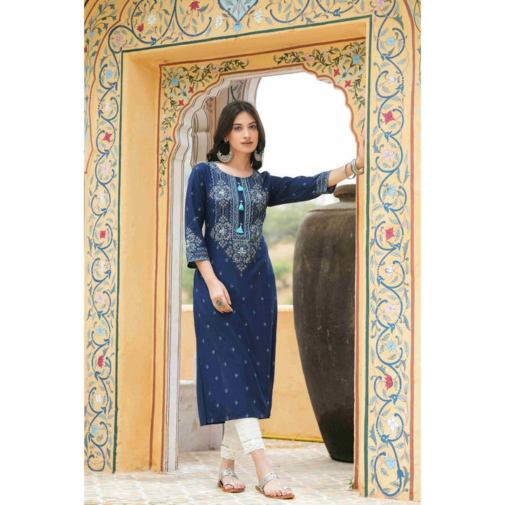 Juniper Blue Rayon Festive Printed Straight Kurta