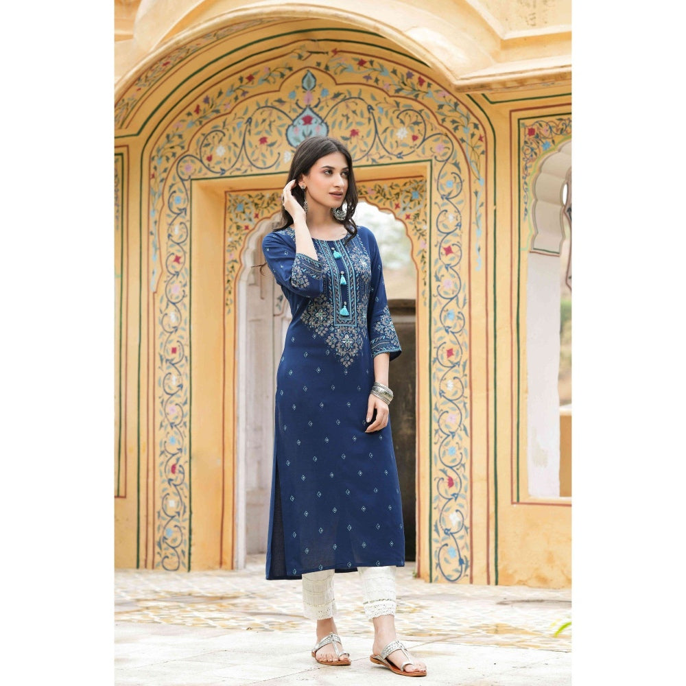 Juniper Blue Rayon Festive Printed Straight Kurta