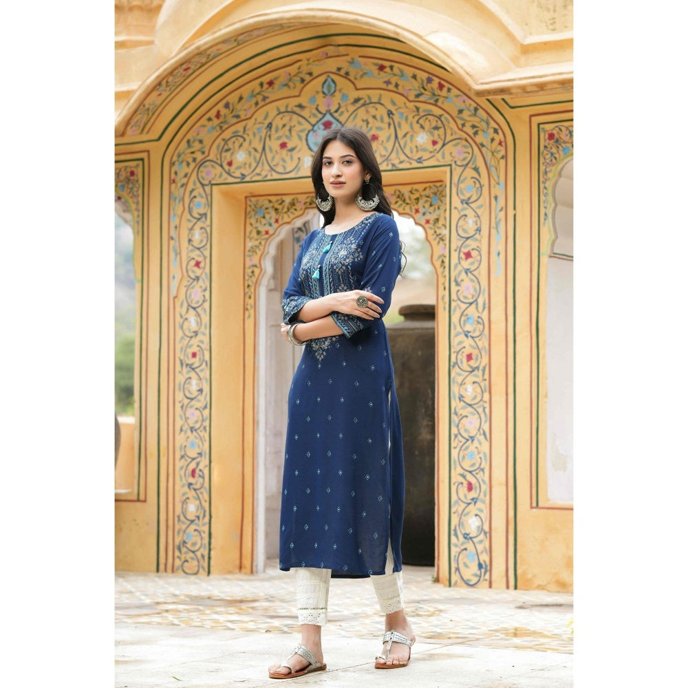 Juniper Blue Rayon Festive Printed Straight Kurta