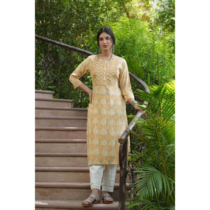 Juniper Beige Muslin Festive Wear Printed Mirror Work Straight Kurta