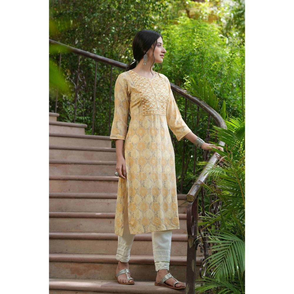 Juniper Beige Muslin Festive Wear Printed Mirror Work Straight Kurta