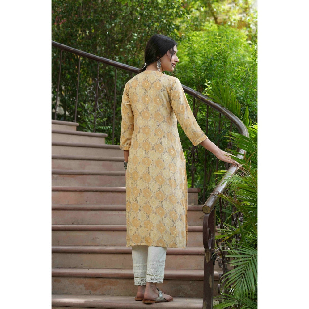 Juniper Beige Muslin Festive Wear Printed Mirror Work Straight Kurta