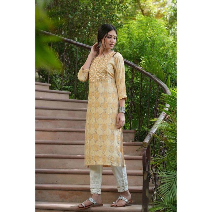 Juniper Beige Muslin Festive Wear Printed Mirror Work Straight Kurta