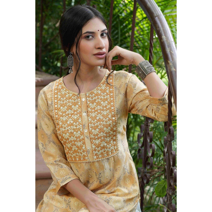 Juniper Beige Muslin Festive Wear Printed Mirror Work Straight Kurta