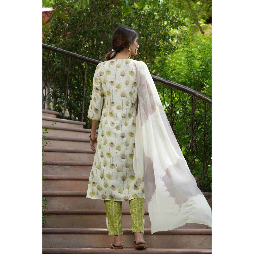 Juniper White & Green Rayon Casual Wear Printed Straight Kurta Pant Dupatta (Set Of 3)
