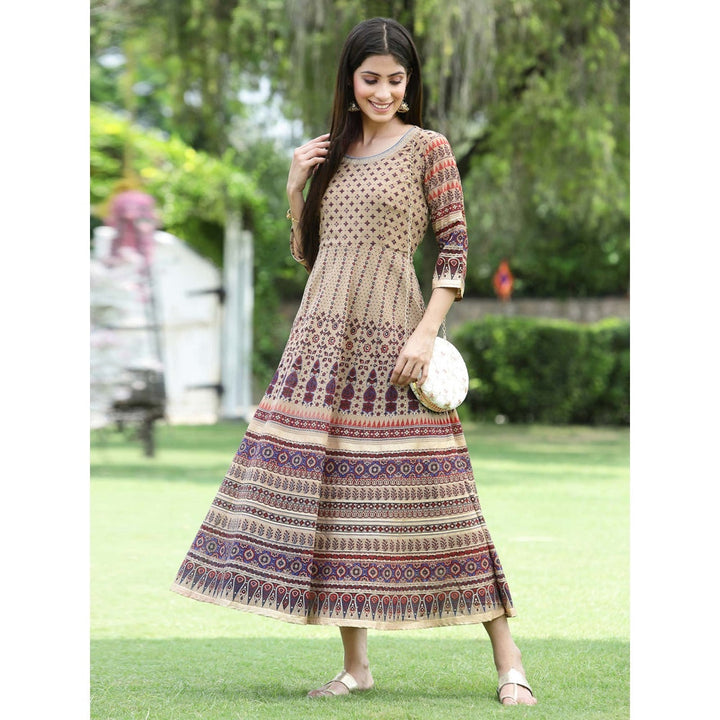 Juniper Brown Multi Georgette Festive Printed Flared Anarkali Kurta For Women