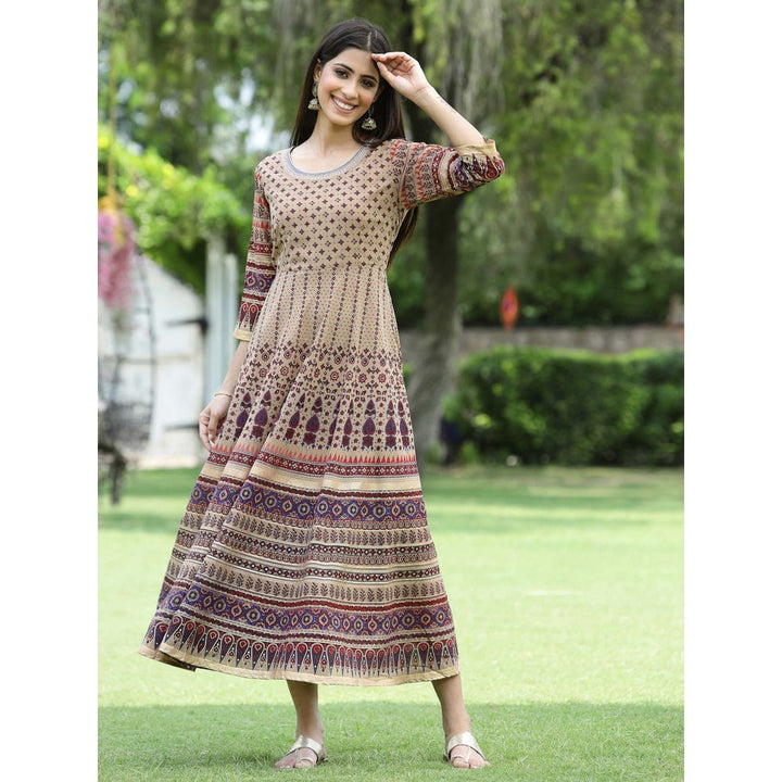 Juniper Brown Multi Georgette Festive Printed Flared Anarkali Kurta For Women