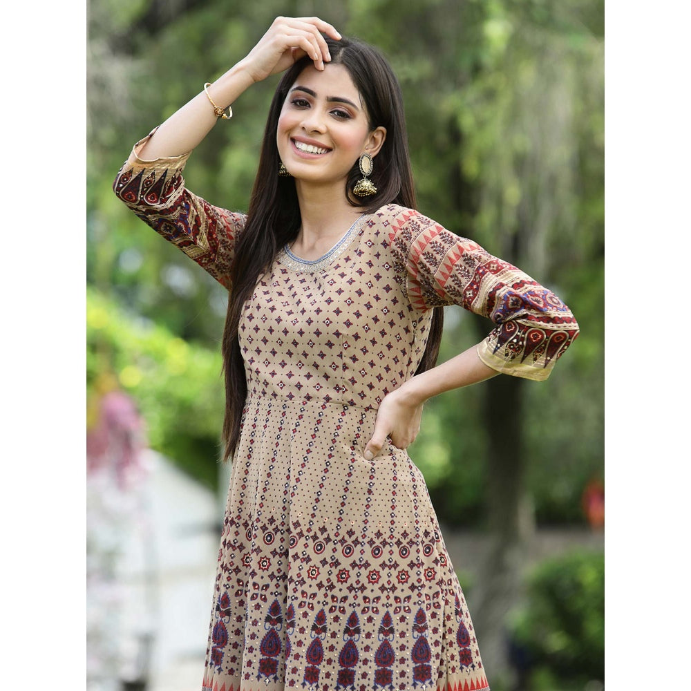 Juniper Brown Multi Georgette Festive Printed Flared Anarkali Kurta For Women