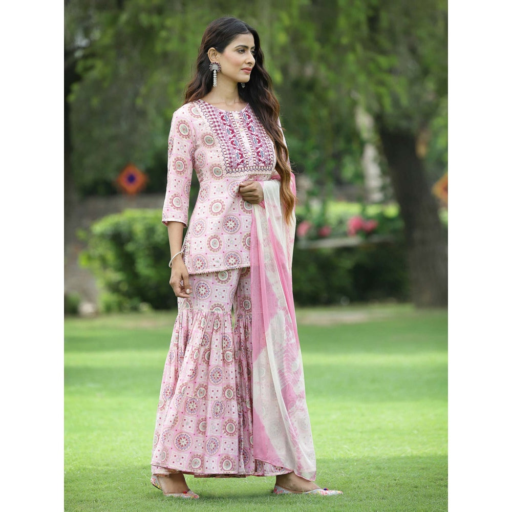 Juniper Pink Muslin Festive Wear Mirror Work Straight Kurta Sharara Dupatta Set (Set Of 3)