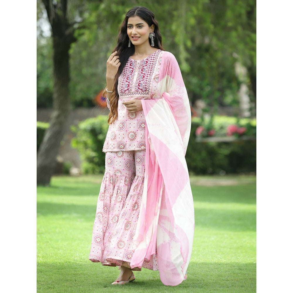 Juniper Pink Muslin Festive Wear Mirror Work Straight Kurta Sharara Dupatta Set (Set Of 3)