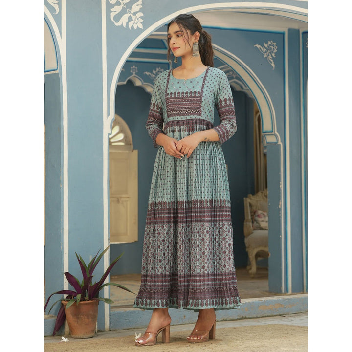 Juniper Sky Blue Muslin Festive Printed Flared Dress For Women