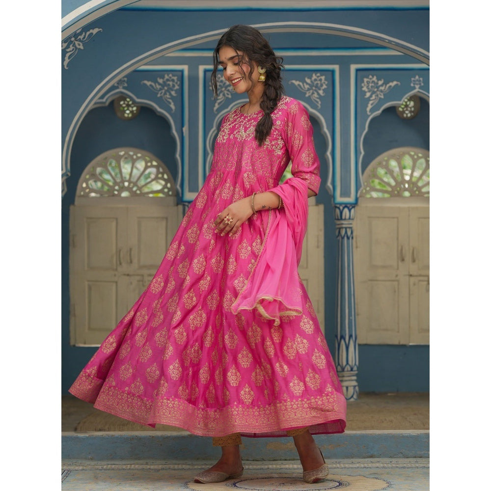 Juniper Pink Chanderi Festive Printed Embroidered Flared Maxi Dupatta For Women (Set Of 2)