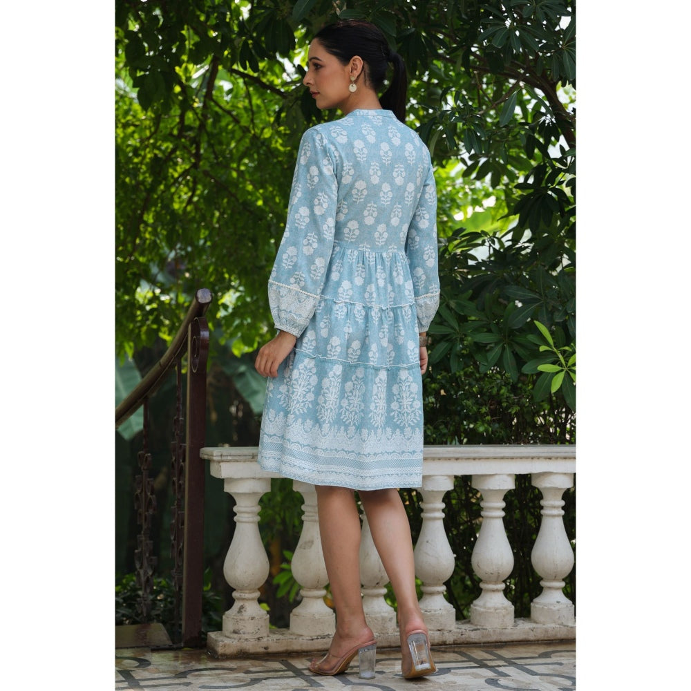 Juniper Womens Sky blue Rayon Floral Printed Short Tiered Dress