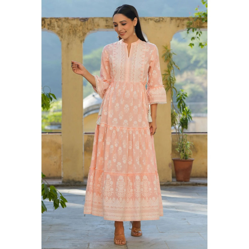 Juniper Womens Peach Cambric Floral Printed Maxi Tiered Dress