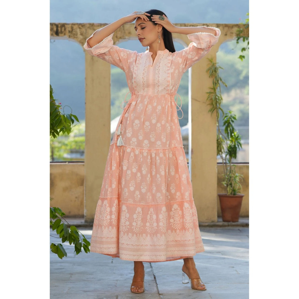 Juniper Womens Peach Cambric Floral Printed Maxi Tiered Dress